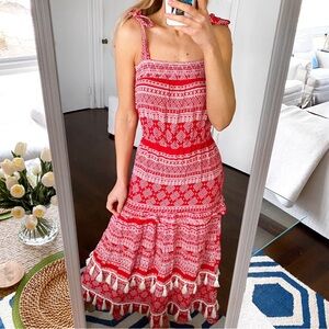 ❤️ FALMER HERRITAGE BOHO RED IVORY FRINGE RUFFLE MAXI DRESS!